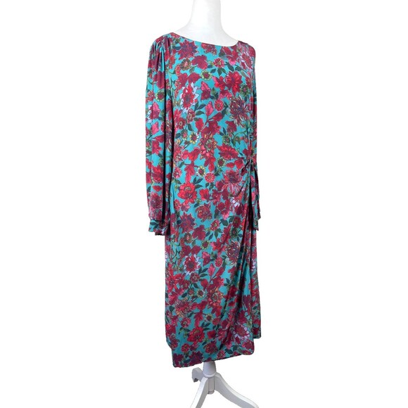 Talbots Midi Dress 14 Floral Jewel Tone Teal Red Faux Wrap Side Tie Long Sleeve - Picture 6 of 16
